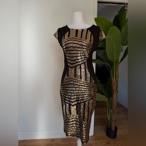 Black and Gold Sequin Midi Dress